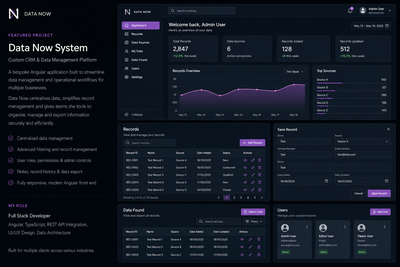Data Now CRM dashboard and lead-management interface